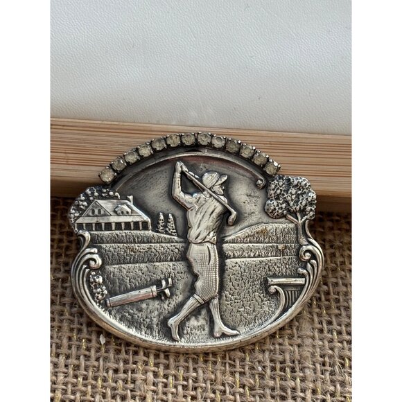 Vintage Silver-Tone Golf Scene Brooch With Rhinestone Accents - Picture 6 of 7